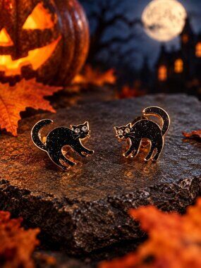 Black Cat Enamel Stud Earrings Fun Novelty Pierced Gold Tone Halloween Jewelry